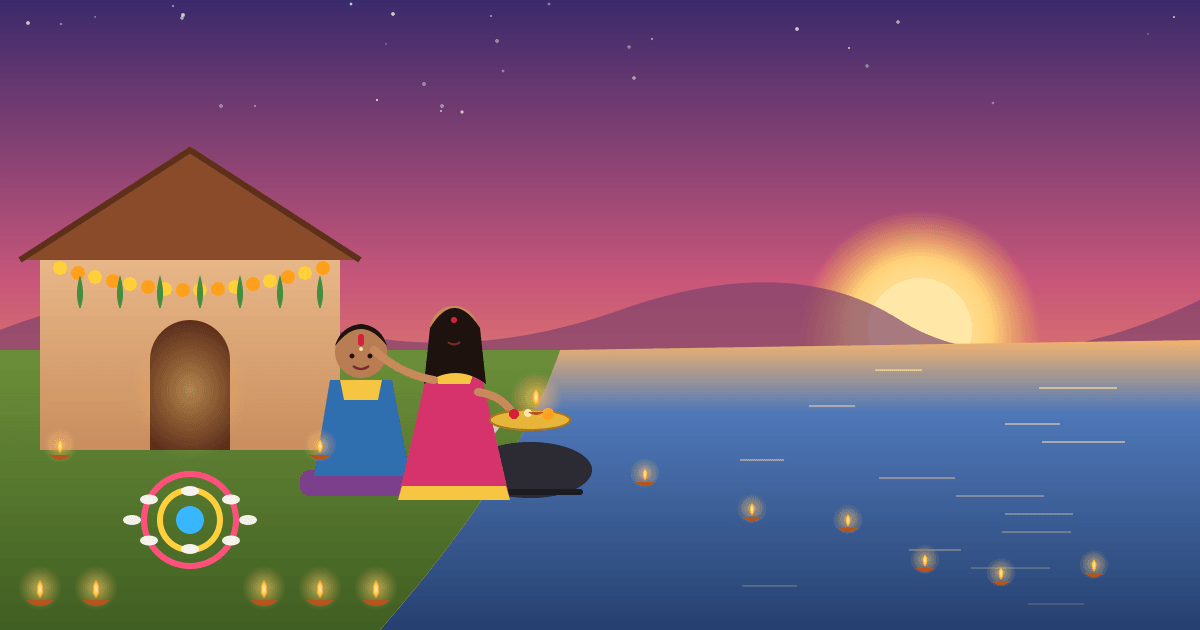 Illustration of a riverside cottage at sunset decorated with marigold garlands and clay lamps, where a smiling sister holds an aarti plate and puts a red tilak on her tall brother’s forehead, with a buffalo resting by the river behind them